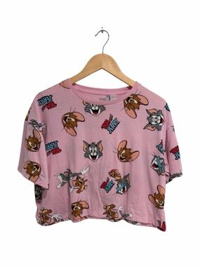 Women’s Tom & Jerry Pink Graphic Cropped Tee Cotton Blend